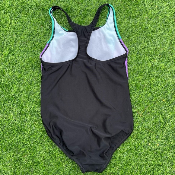 Speedo Swimsuit One Piece Racerback Green Purple Black Lined Girls Lg Preowned - Picture 2 of 4